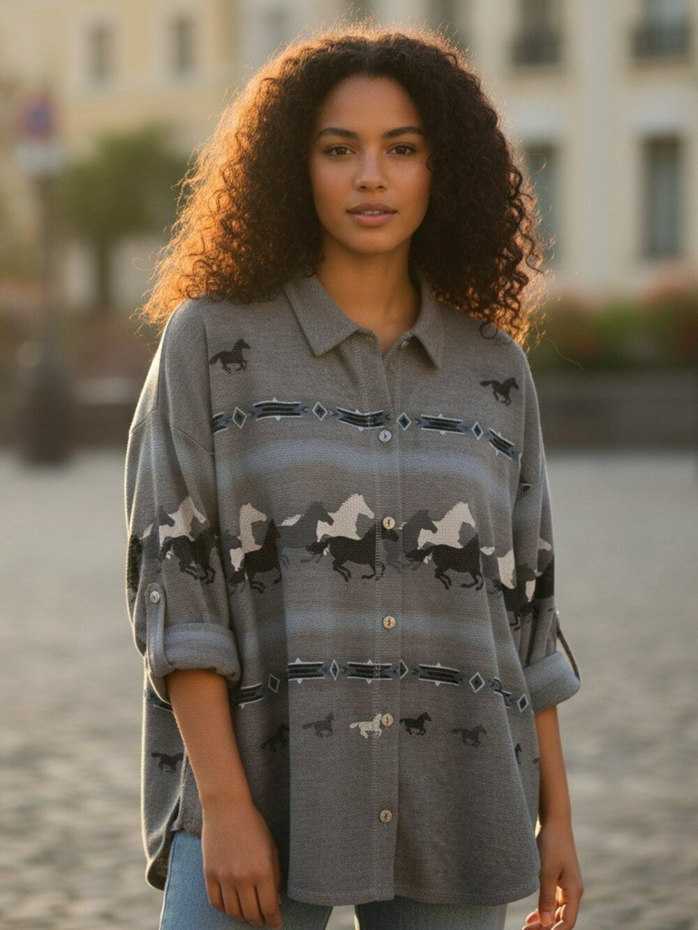 Vintage Artisans Womens 2X Gray Aztec Horse Ponies Long Sleeve Button Up Shirt
